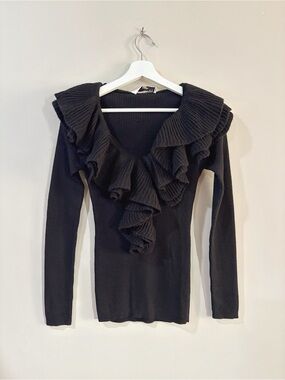 Trina Turk Women S Black Merino Wool Ruffle Knit Sweater Y2K Chic Coquette Goth